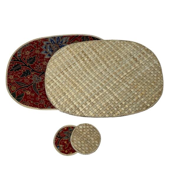Vintage Placemats Coasters Napkins Set 6 Straw Back Batik Fabric Tiki Bar Patio - Picture 7 of 10